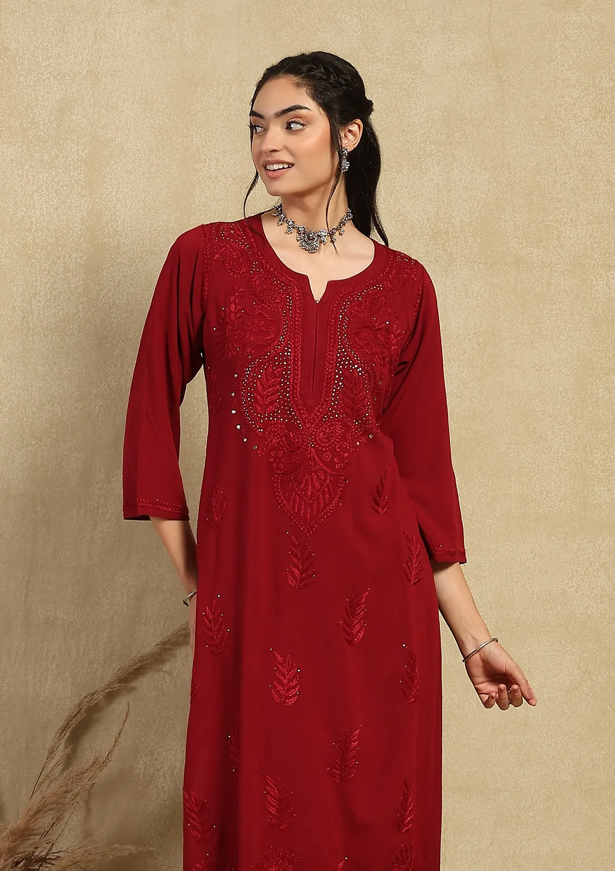 HOC Rayon Chikankari Mukaish Solid Women's 2PC Long Kurta Set-Maroon - Healthber