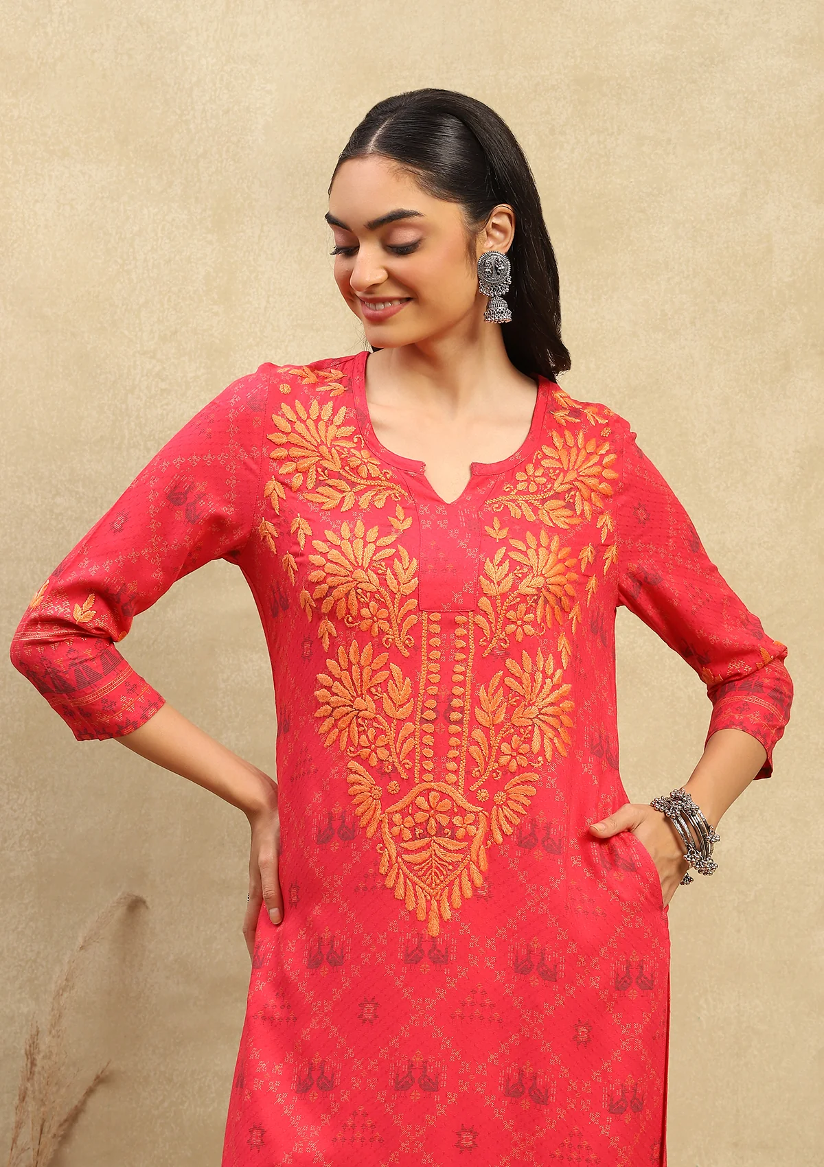 HOC Rayon Dobby Chikankari Printed Women's Long Kurta - Dark Pink - Healthber