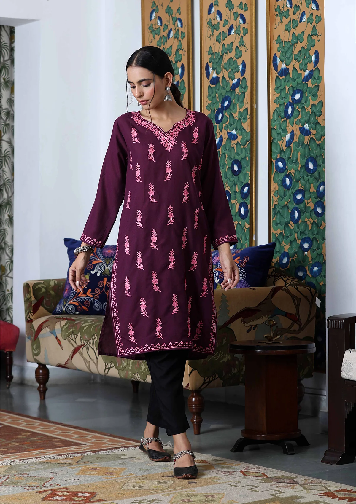 HOC Aari Embroidered Cotton Solid Women's Long Kurta - Dark Purple - Healthber