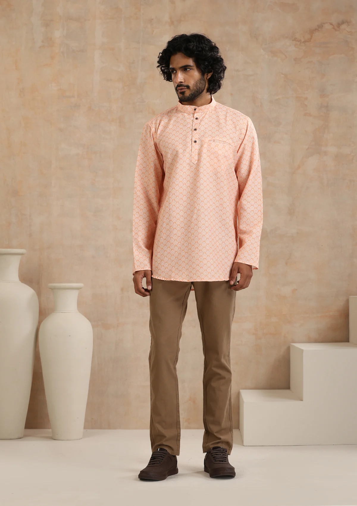 HOC Poly Cotton Printed Men's Short Kurta - Orange - Healthber