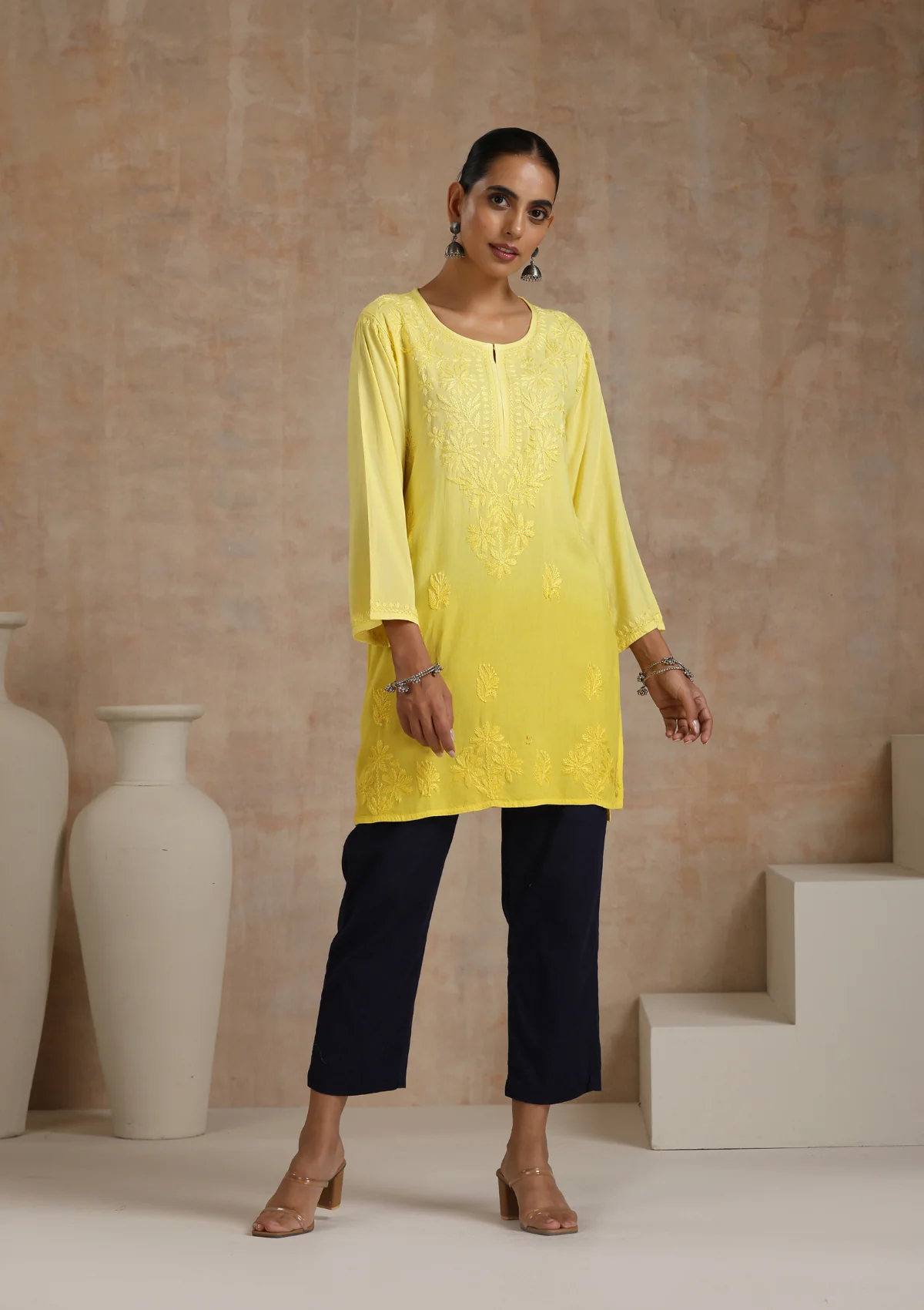 Rayon Chikankari Solid Women's Short Kurta - Yellow - Healthber