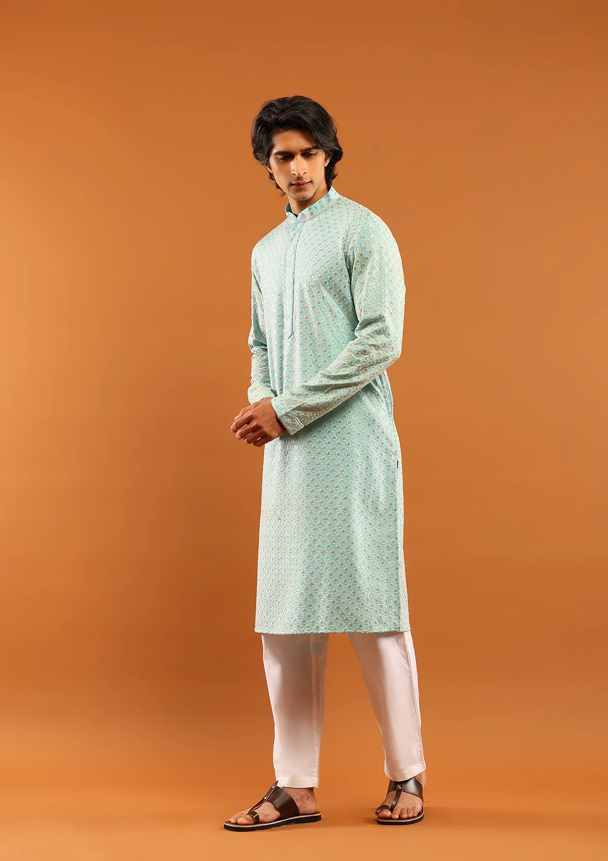 HOC Rayon Embroidered With Sequins Solid Men's Long Kurta- Aqua Blue - Healthber