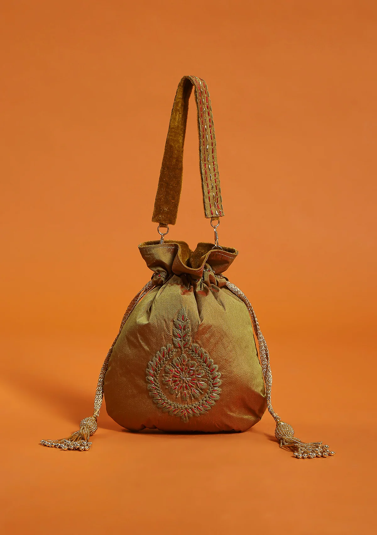 HOC Silk Chikankari Potli with Zari work -Olive Green - Healthber