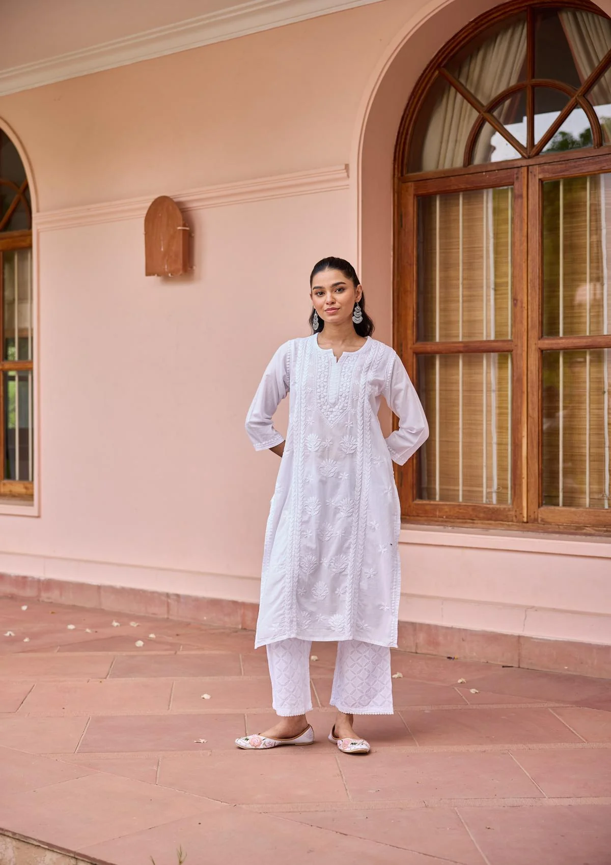 HOC Cotton Chikankari Solid Women's Long Kurta - White - Healthber