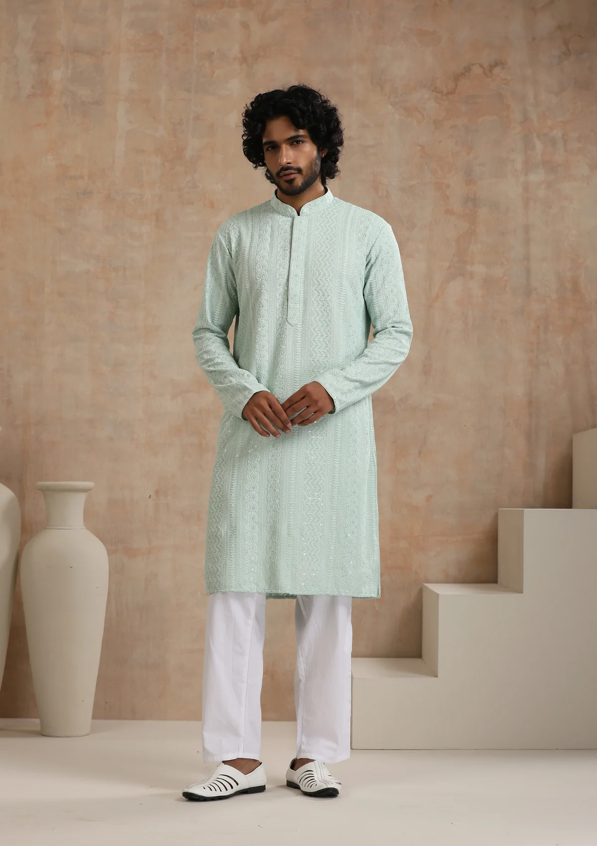 HOC Rayon Schiffli Solid Men's Long Kurta- Green - Healthber