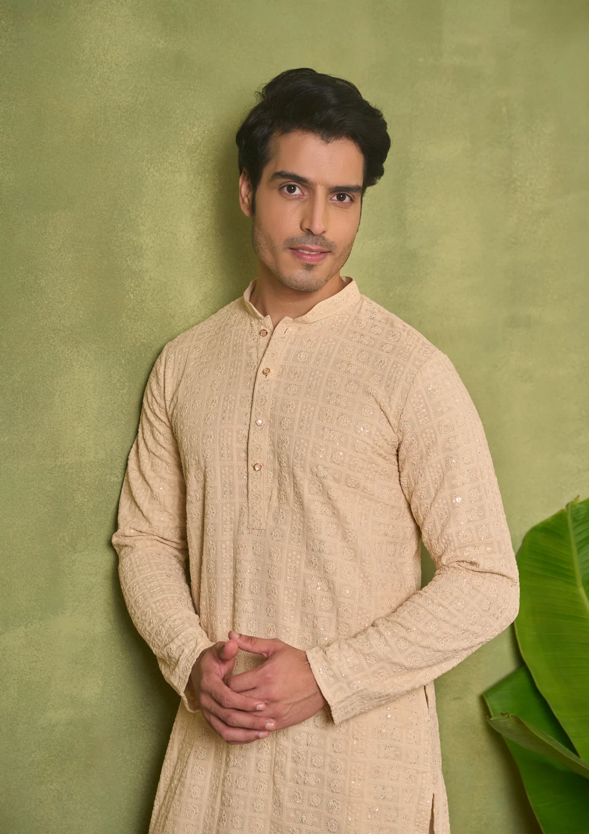 HOC Rayon Embroidered With Sequins Solid Men's Long Kurta- Beige - Healthber