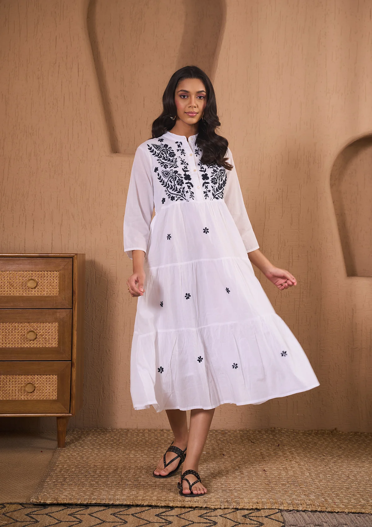 HOC Cotton Chikankari Solid Women's Long Dress-White - Healthber