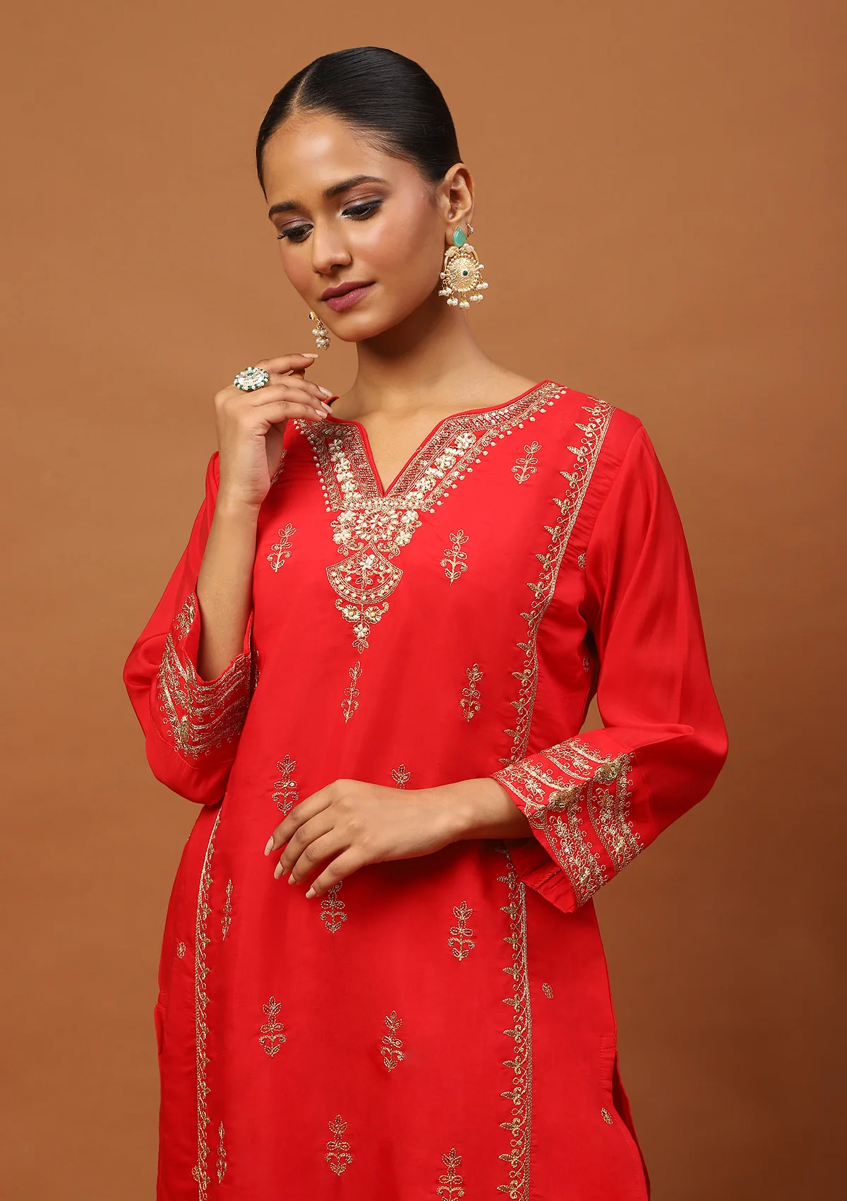 HOC Chanderi Blend Embroidered Zardozi Solid Women's 3 PC Long Kurta Set-Red - Healthber