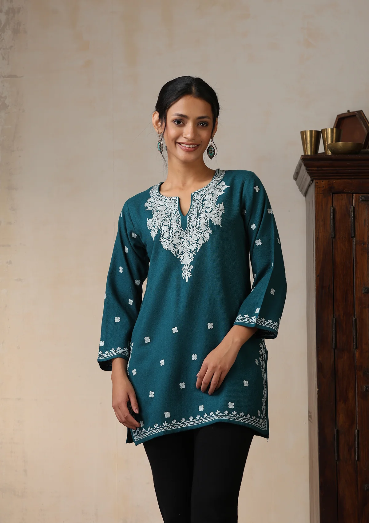 HOC Aari Embroidered Woollen Solid Women's Short Kurta - Teal - Healthber
