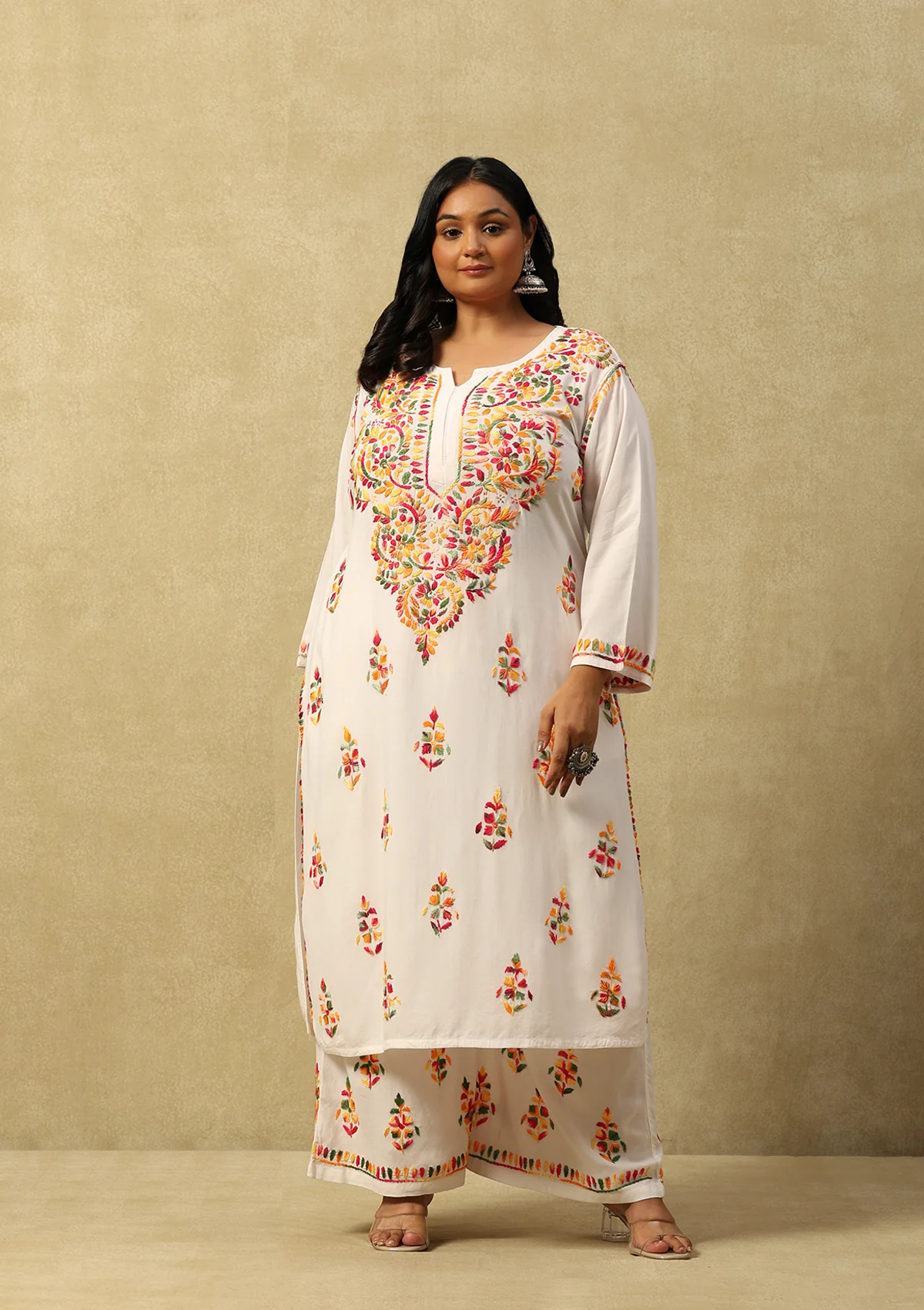 HOC Rayon Chikankari Solid Women's 2 PC Long Kurta Set-White - Healthber