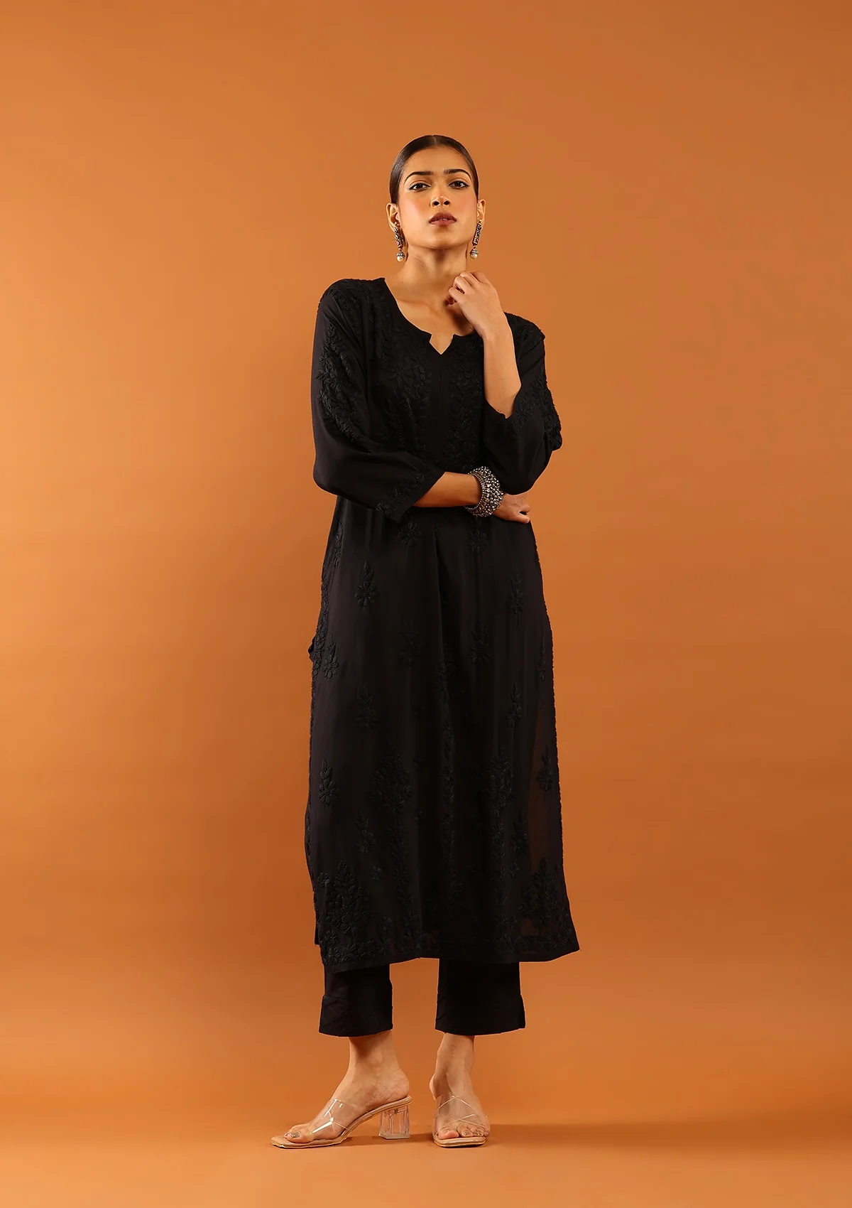 HOC Fenal Modal Chikankari Solid Women's Straight Kurta with Pockets - Black - Healthber