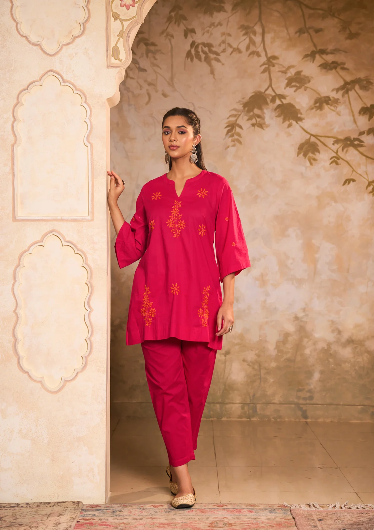 HOC Cotton Cambric Chikankari Solid Women's A-Line Short Kurta-Magenta - Healthber