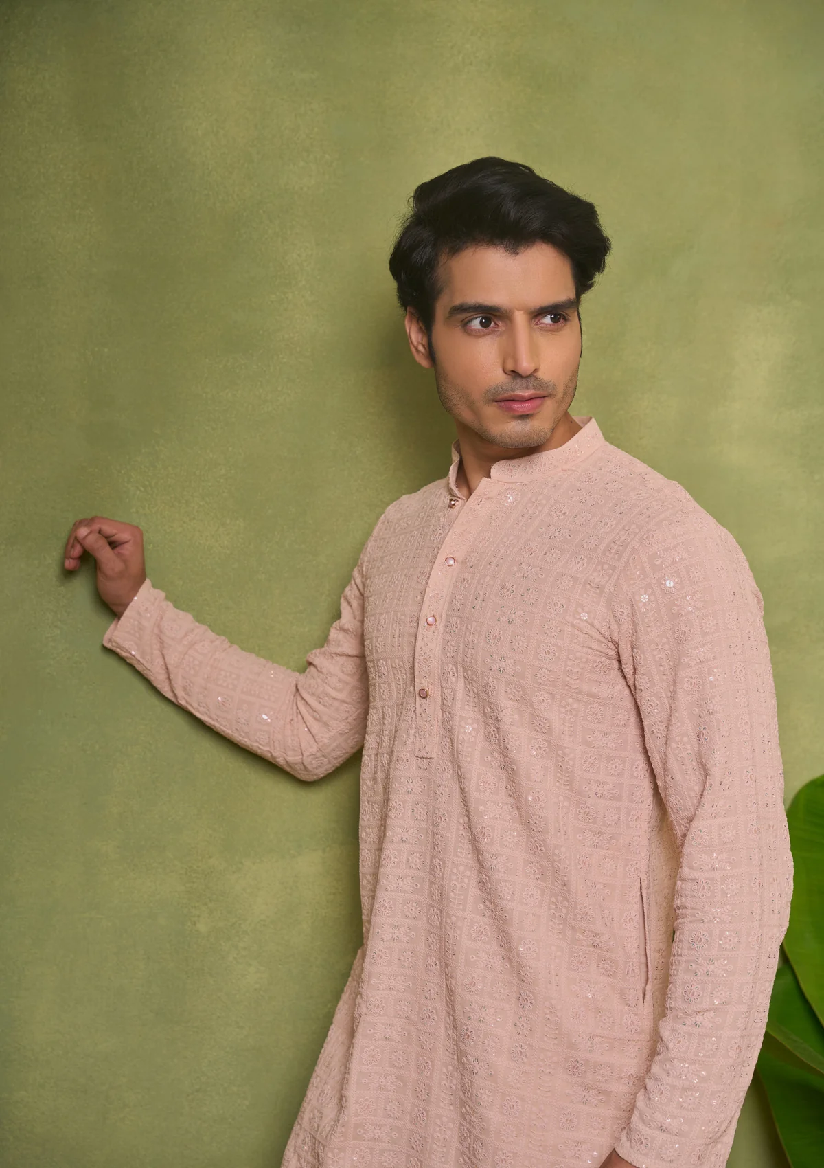HOC Rayon Embroidered With Sequins Solid Men's Long Kurta- Peach - Healthber