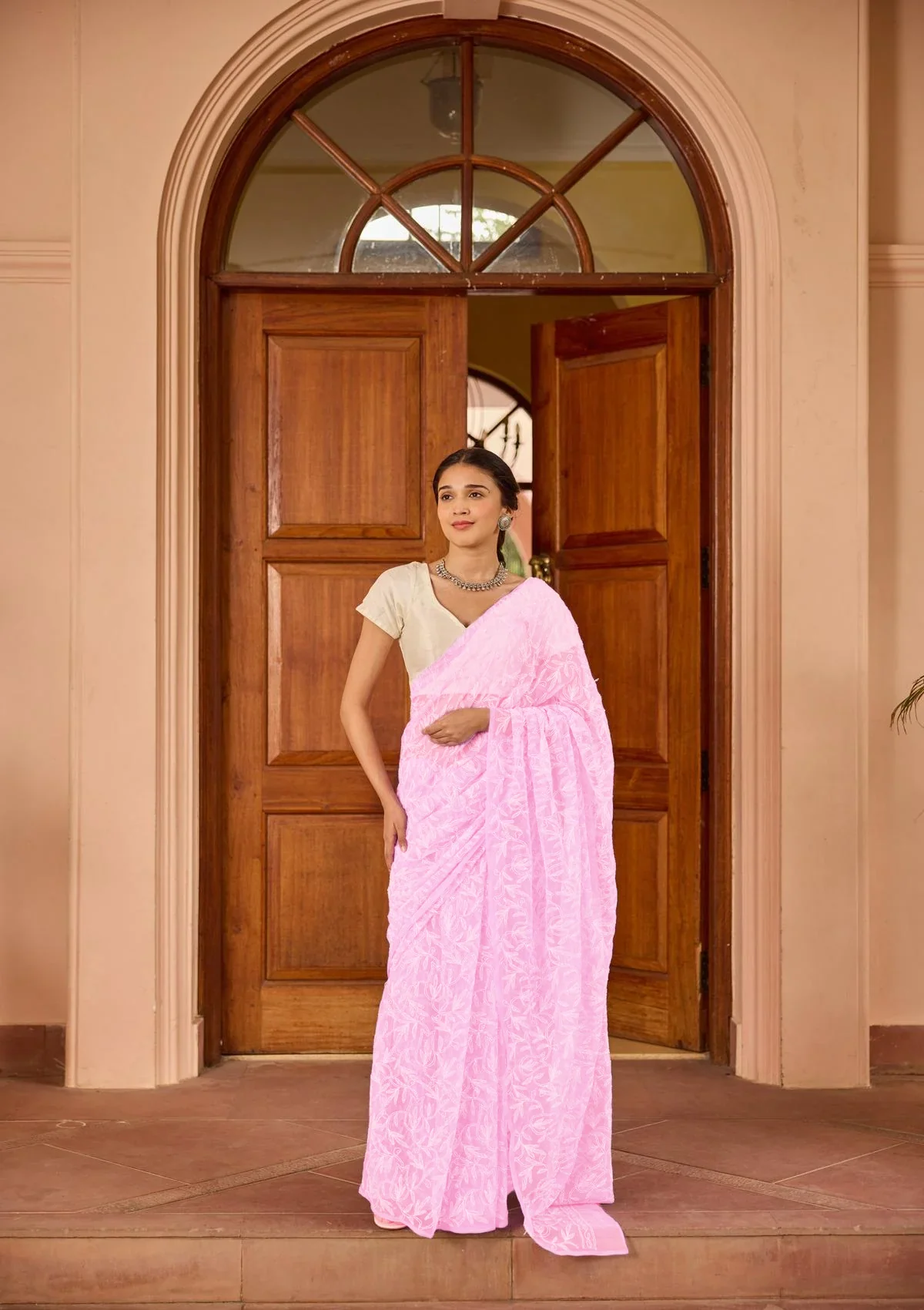 HOC Georgette Handwork Chikankari Tepchi Jaal Work Solid Women's Saree - Light Pink - Healthber