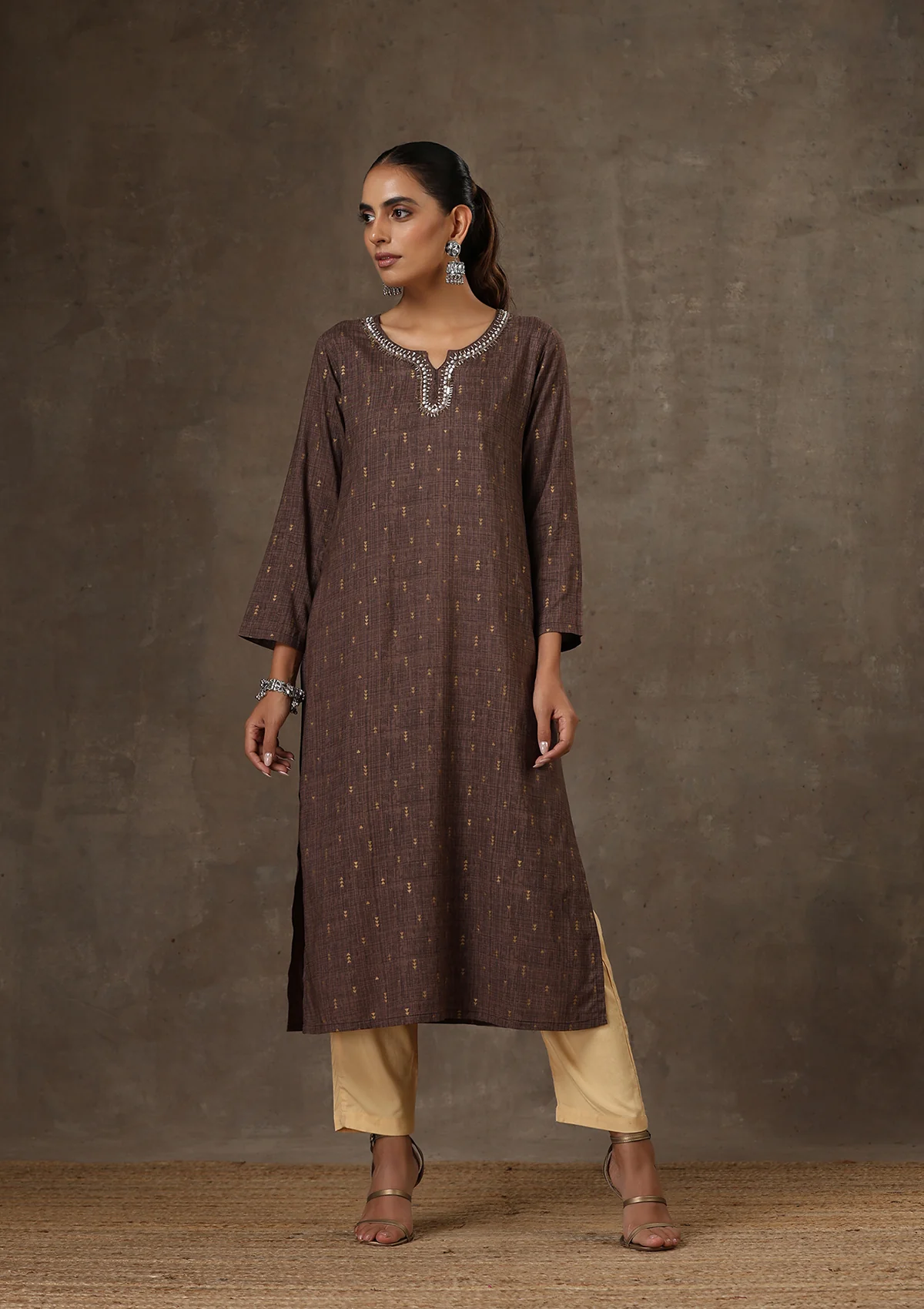 HOC Rayon Hand Embroidered Printed Women's Long Kurta - Brown - Healthber
