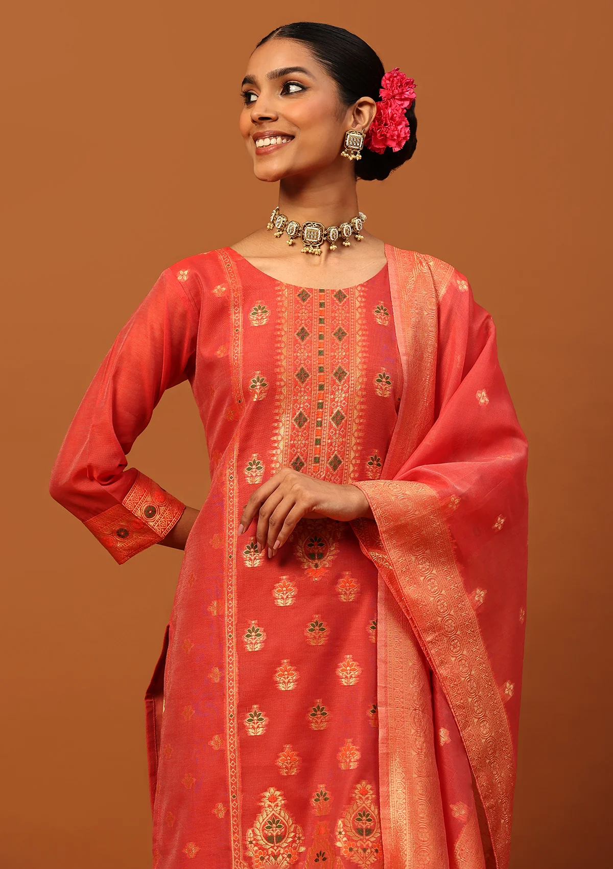 HOC Banarasi Chanderi Hand Weave & Hand Embellished Women's 3PC Long Kurta Set -Red - Healthber