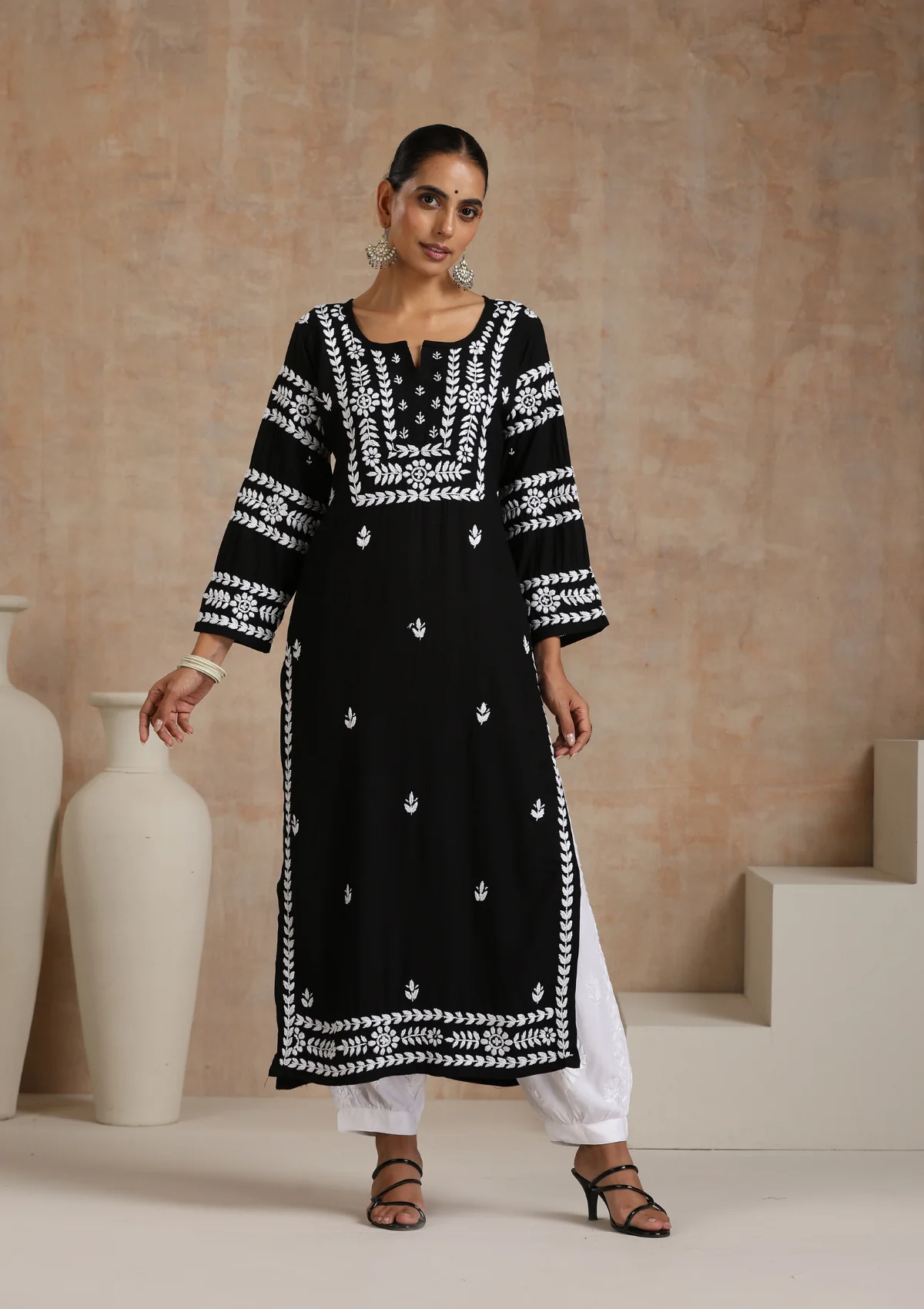 HOC Rayon Chikankari Solid Women's Long Kurta - Black - Healthber