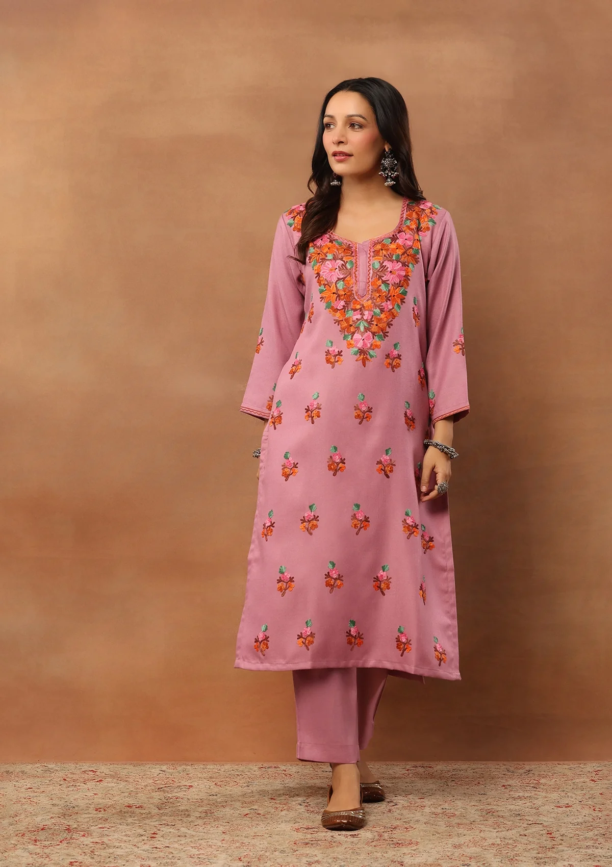 HOC Woollen Aari Embroidered Solid Women's 2 PC Long Kurta Set - Lavender - Healthber