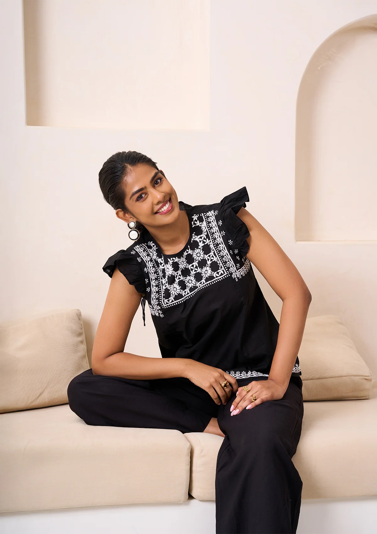 HOC Cotton Chikankari Solid Women's Top - Black - Healthber