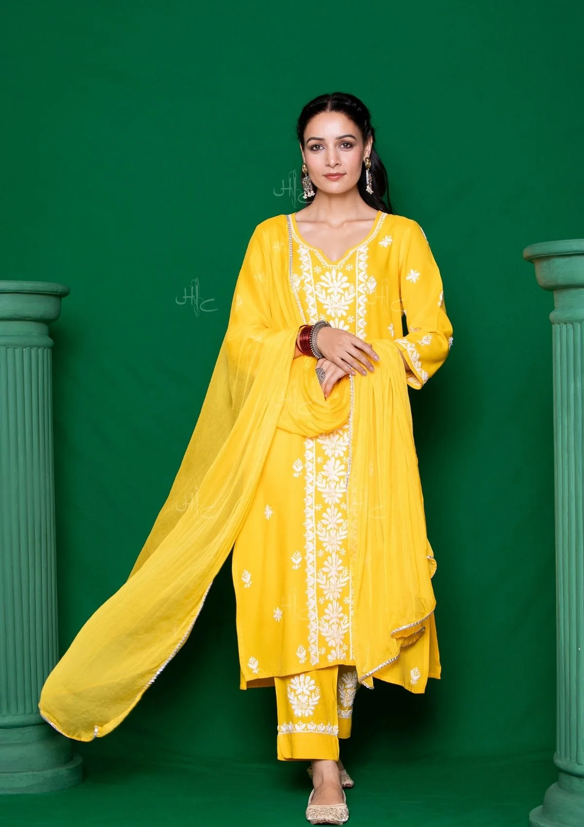 HOC Rayon Chikankari Solid Women's 3 PC Long Kurta Set - Yellow - Healthber