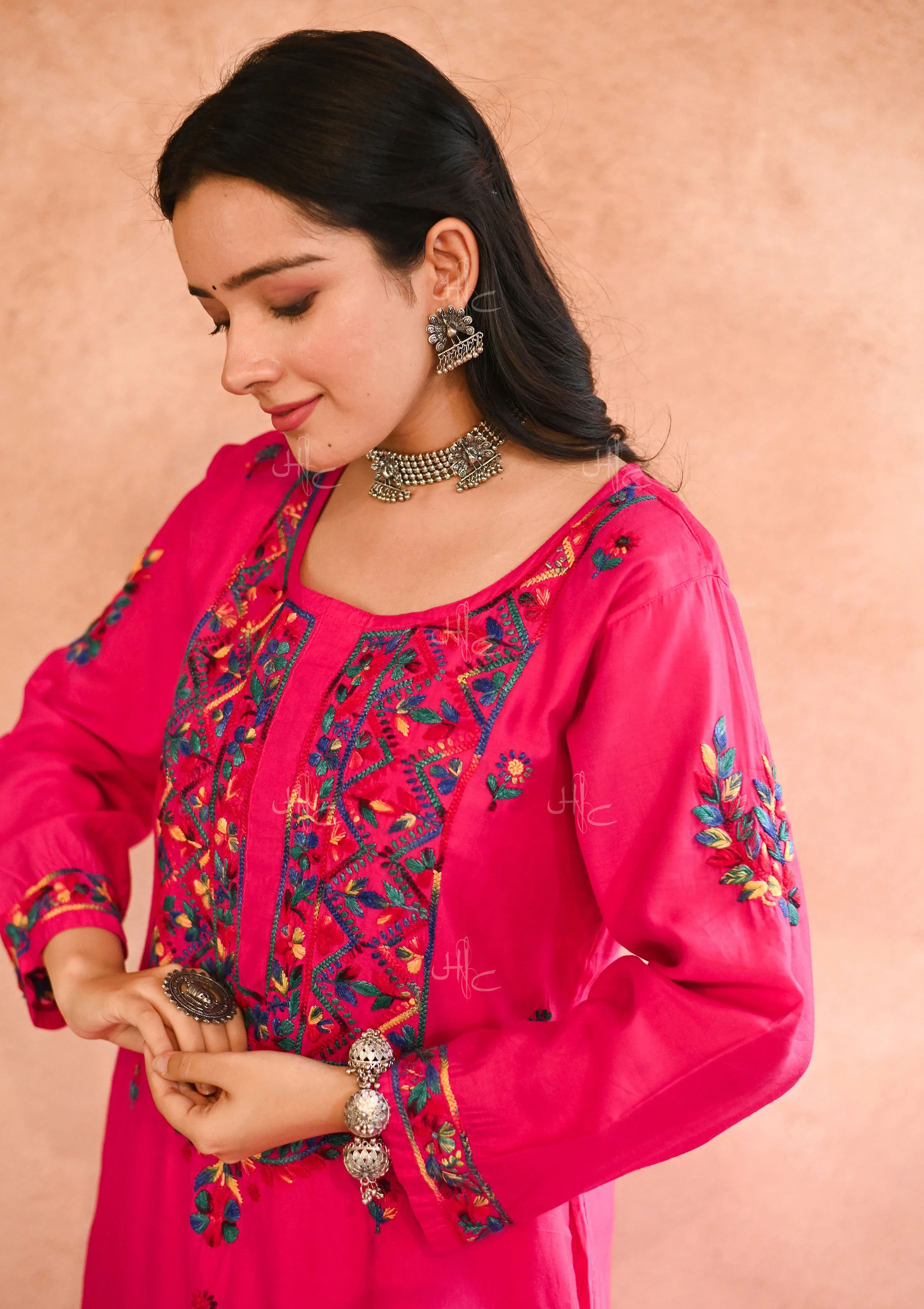 HOC Aafna Chikankari Chanderi Straight Kurta Set with Inner - Healthber