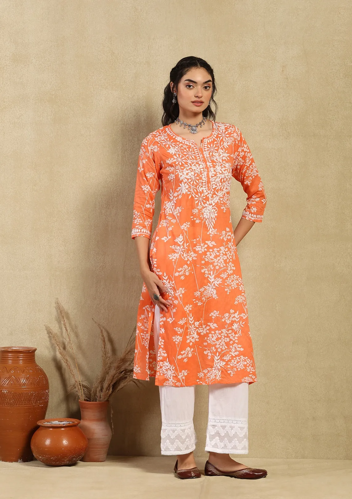 HOC Zainab Chikankari Mulmul Printed Straight Kurta -Orange - Healthber