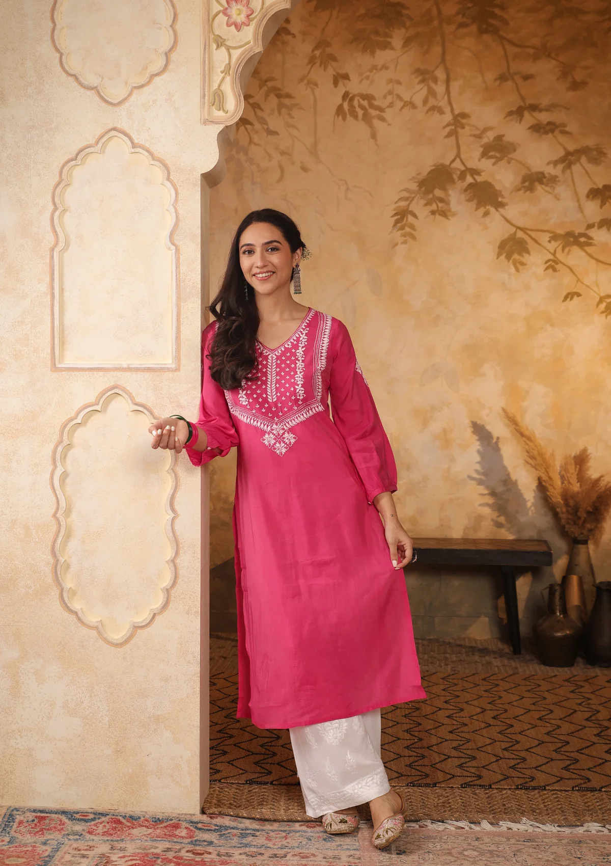 HOC Chanderi Chikankari Solid Women's Long Kurta - Pink - Healthber