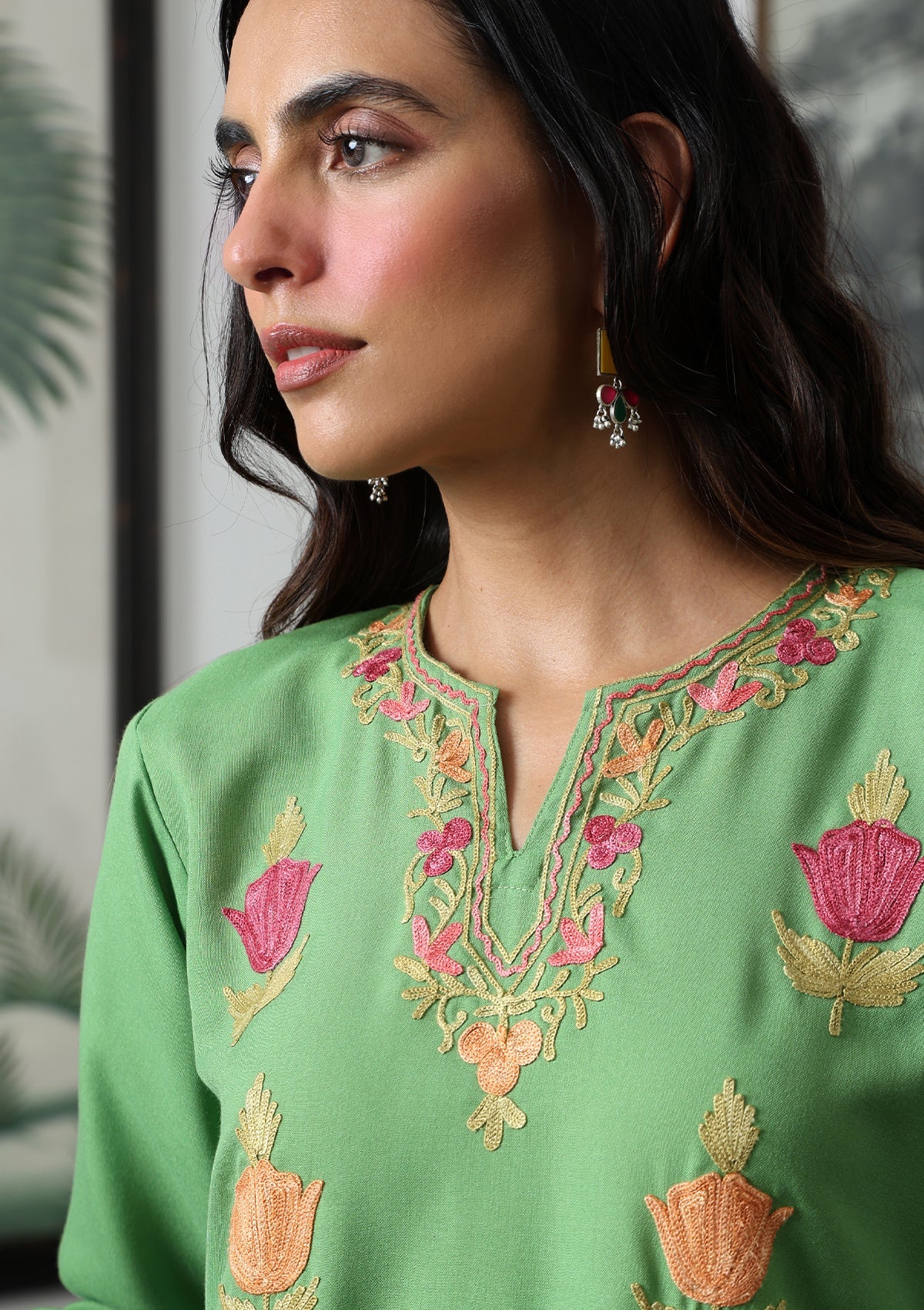 HOC Aari Embroidered Cotton Solid Women's Long Kurta - Green - Healthber