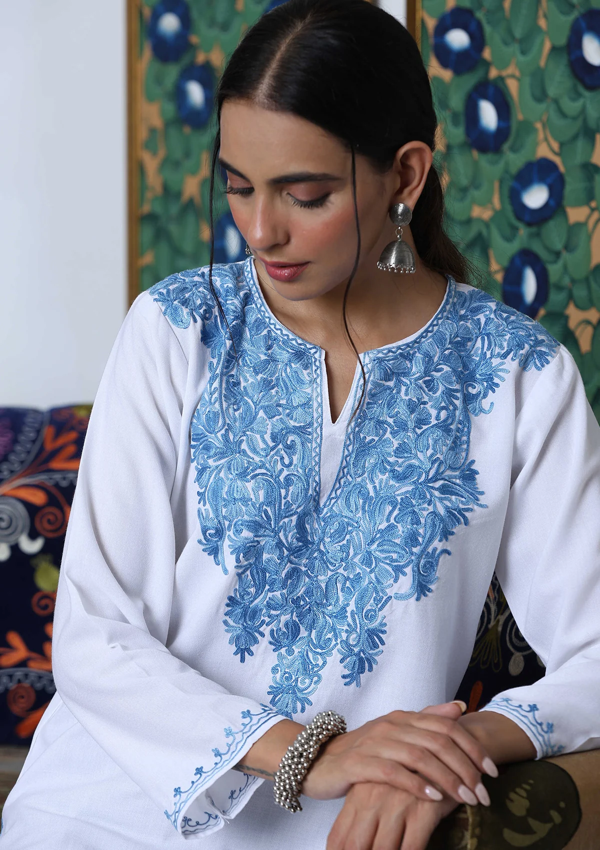 HOC Crafts Aari Embroidered Cotton Solid Women's Long Kurta - White - Healthber