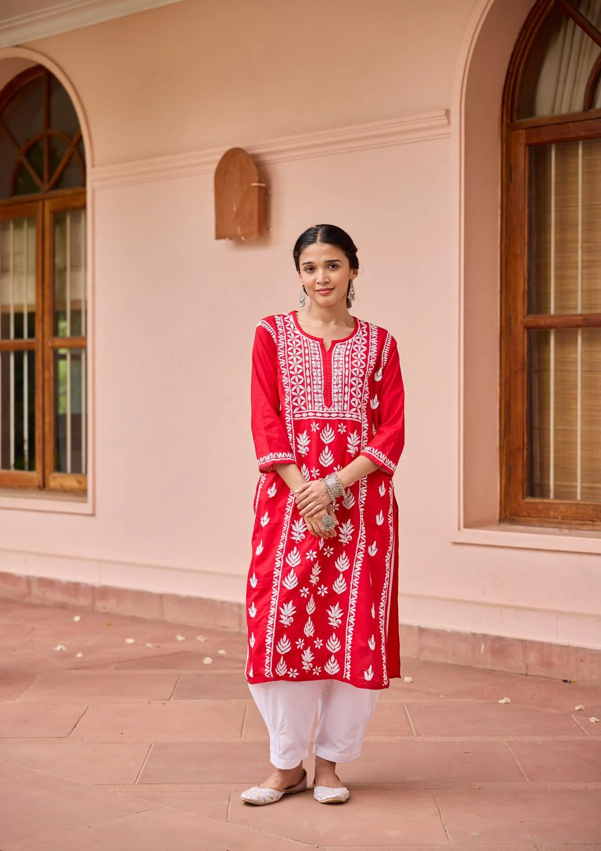 HOC Cotton Chikankari Solid Women's Long Kurta - Red - Healthber