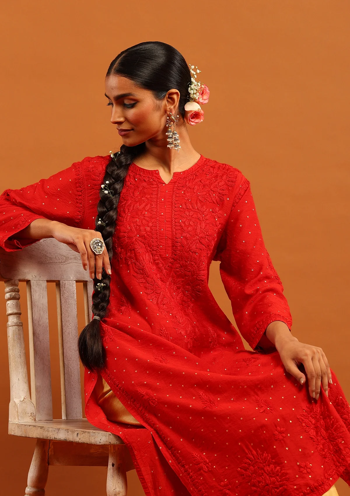 HOC Banarasi Chanderi Chikankari Solid Women's Long Kurta-Red - Healthber