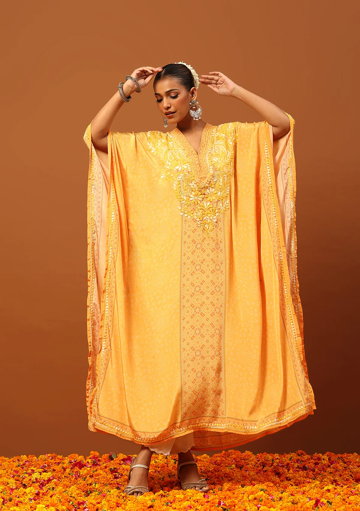 HOC Crepe Chikankari Printed Women's Kaftan -Yellow - Healthber
