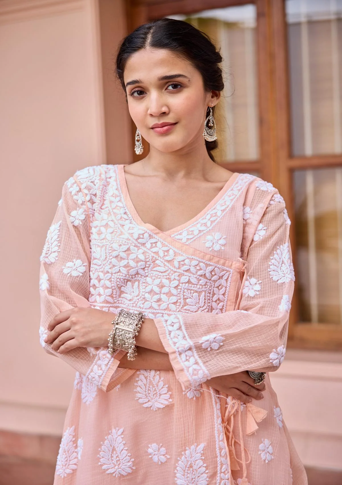 HOC Nazakat Kota Chikankari  Solid Women's Angrakha With Inner - Peach - Healthber