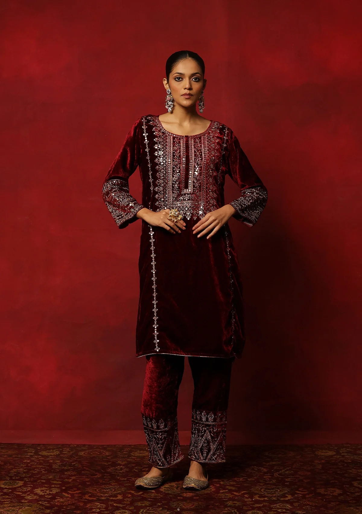 HOC Velvet Zari Embroidered With Sequins Women's Solid 3 PC Kurta Set-Maroon - Healthber