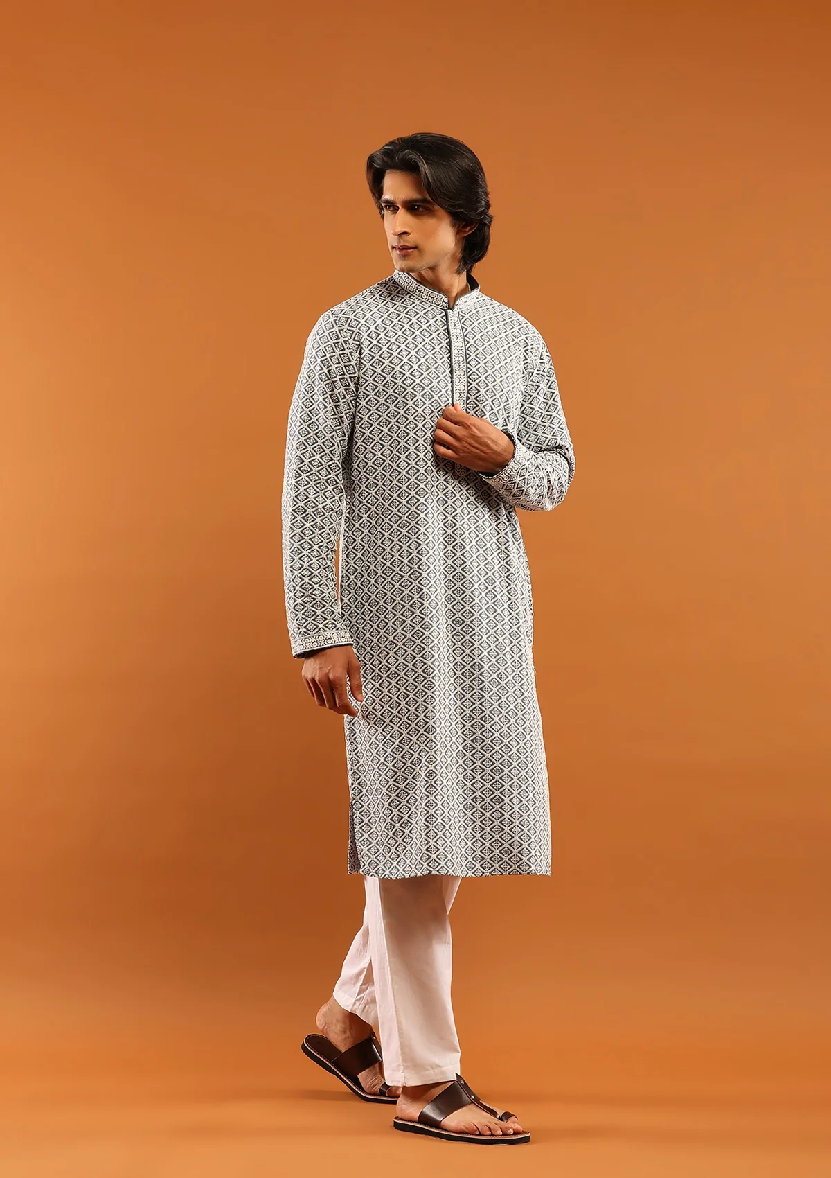 HOC Rayon Embroidered With Sequins Solid Men's Long Kurta- Grey - Healthber