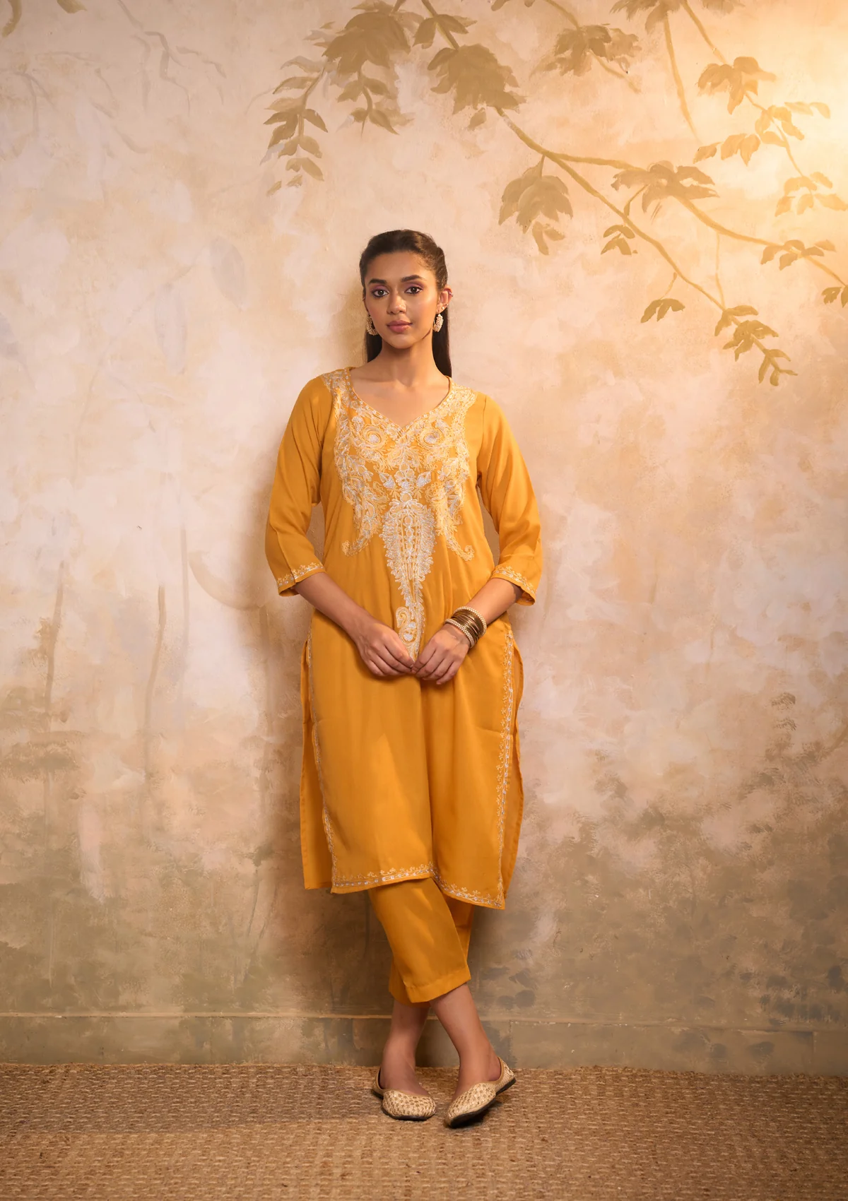 HOC Cotton Embroidered Aari With Zari Work Solid Women's 2 PC Long Kurta Set - Yellow - Healthber