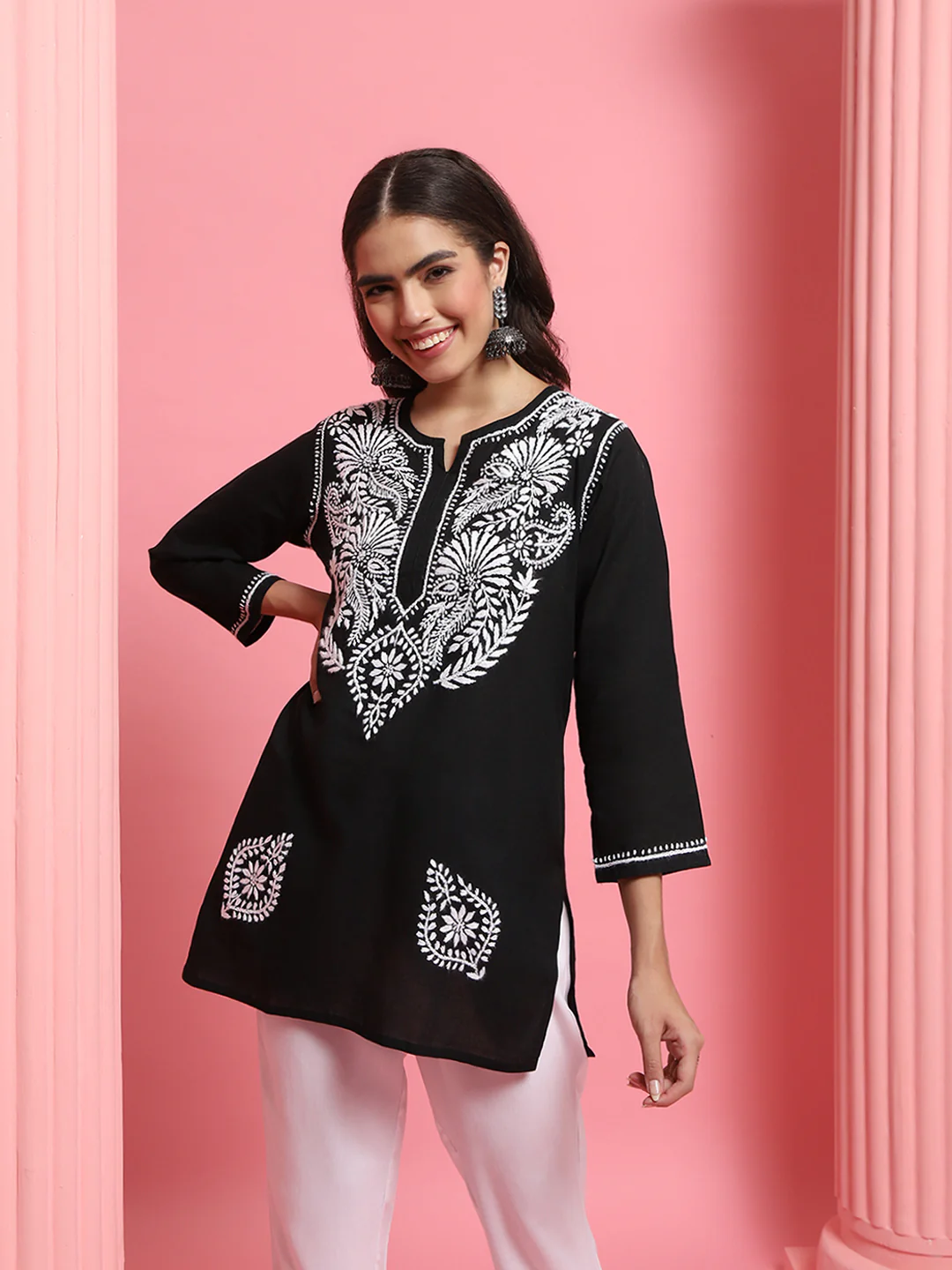 HOC Cotton Chikankari Solid Women's Short Kurta - Black - Healthber