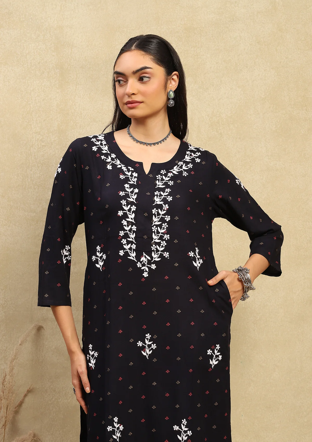 HOC Rayon Chikankari Printed Women's Long Kurta - Navy Blue - Healthber