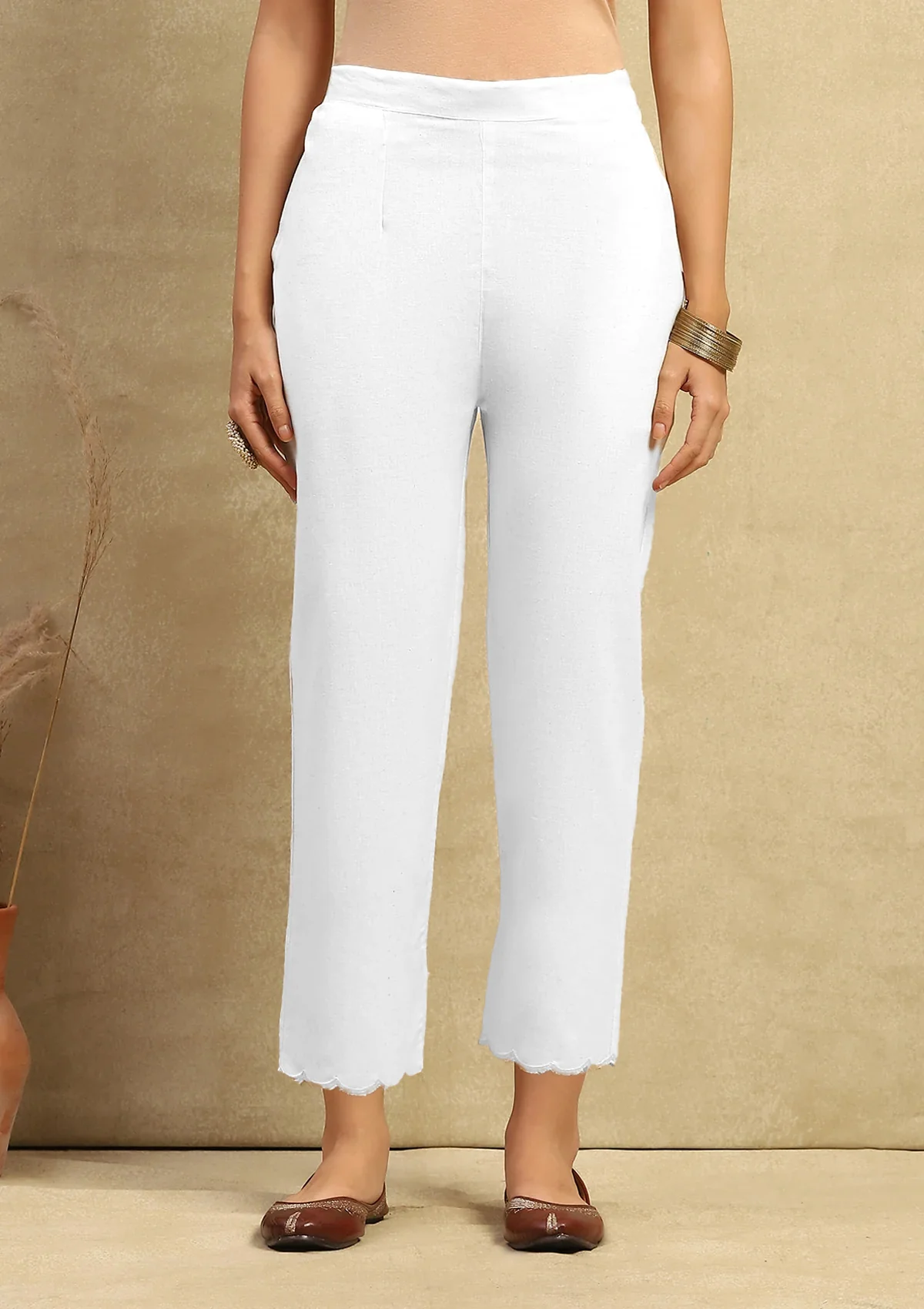 HOC Cotton Women's Solid Scalloped Pant- White - Healthber