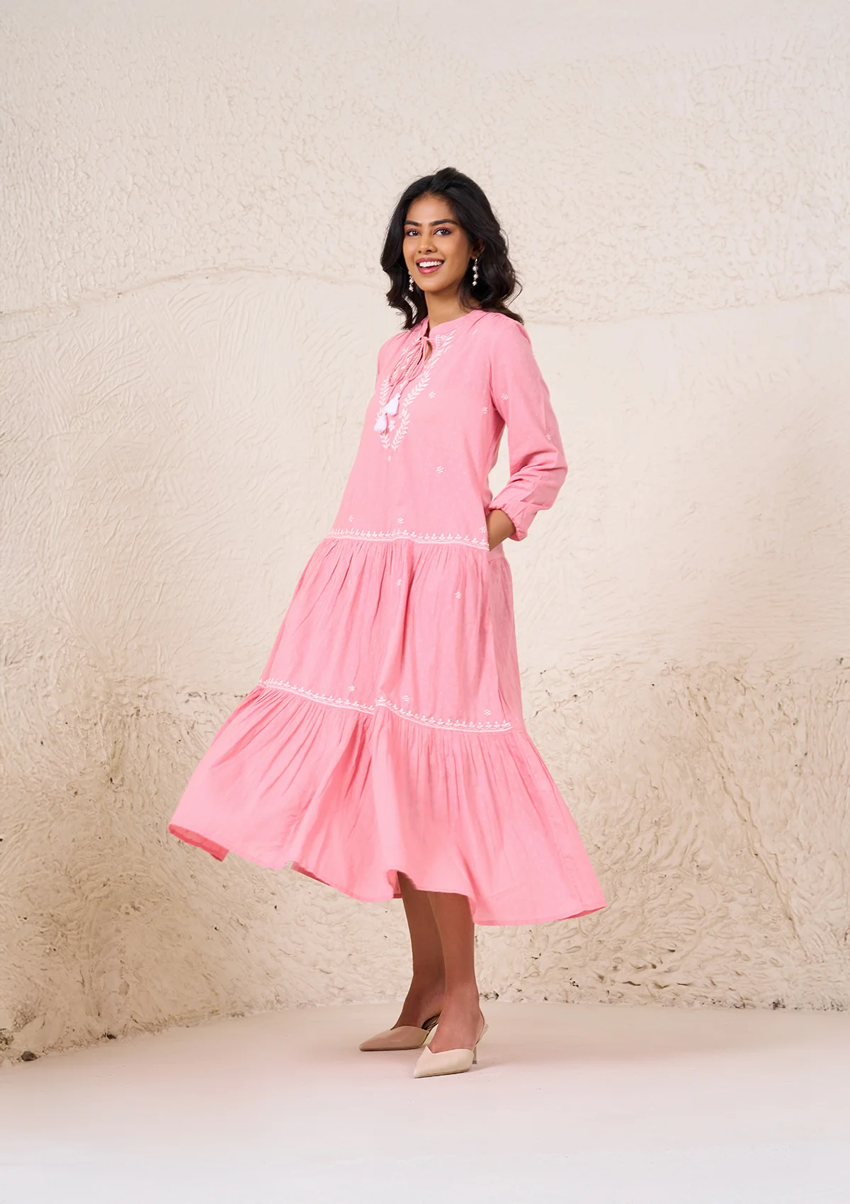 HOC Cotton Dobby Chikankri Solid Women's Long Dress - Dust Pink - Healthber