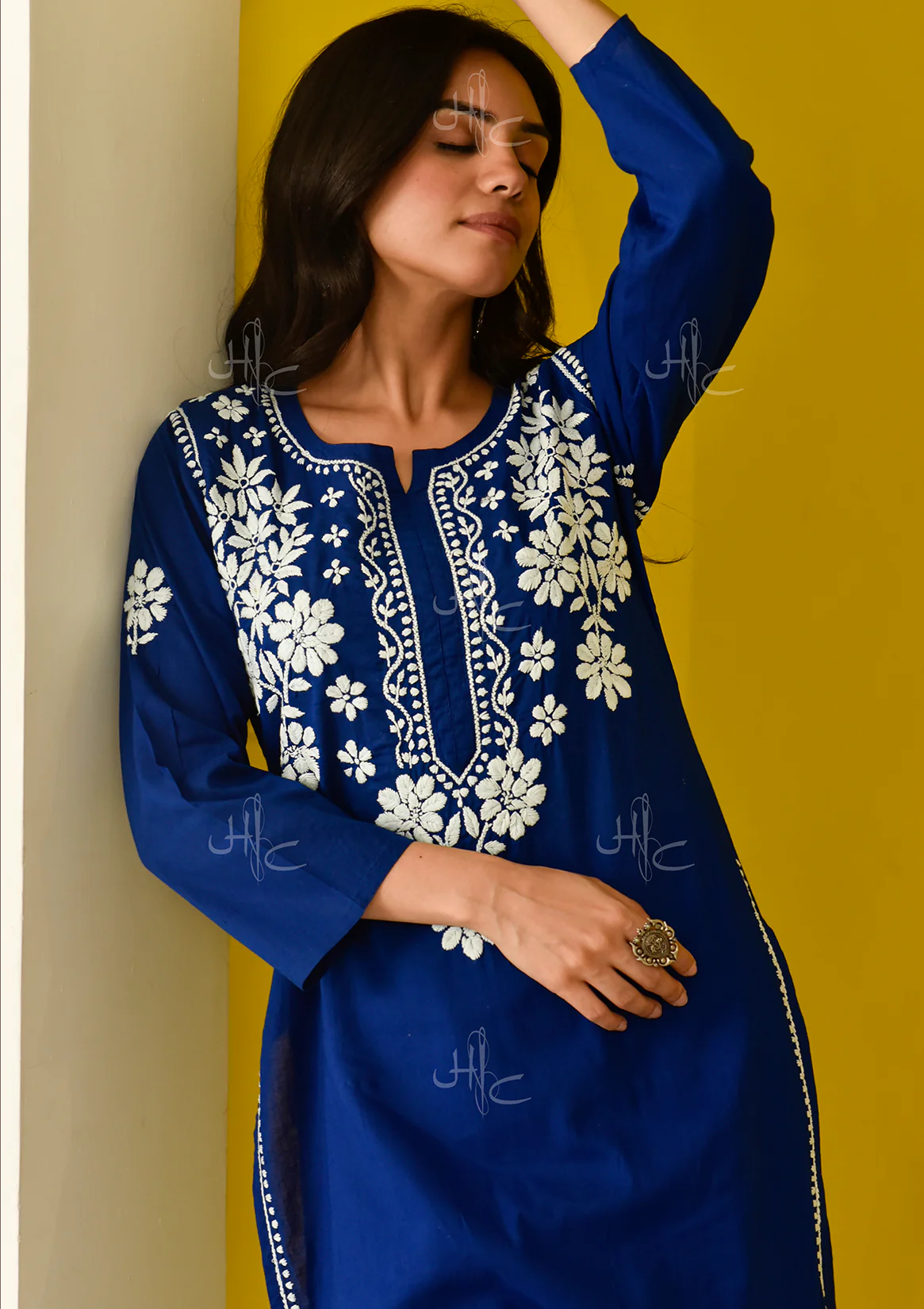 Juhaina Chikankari Cotton Straight Set-Dark Blue - Healthber