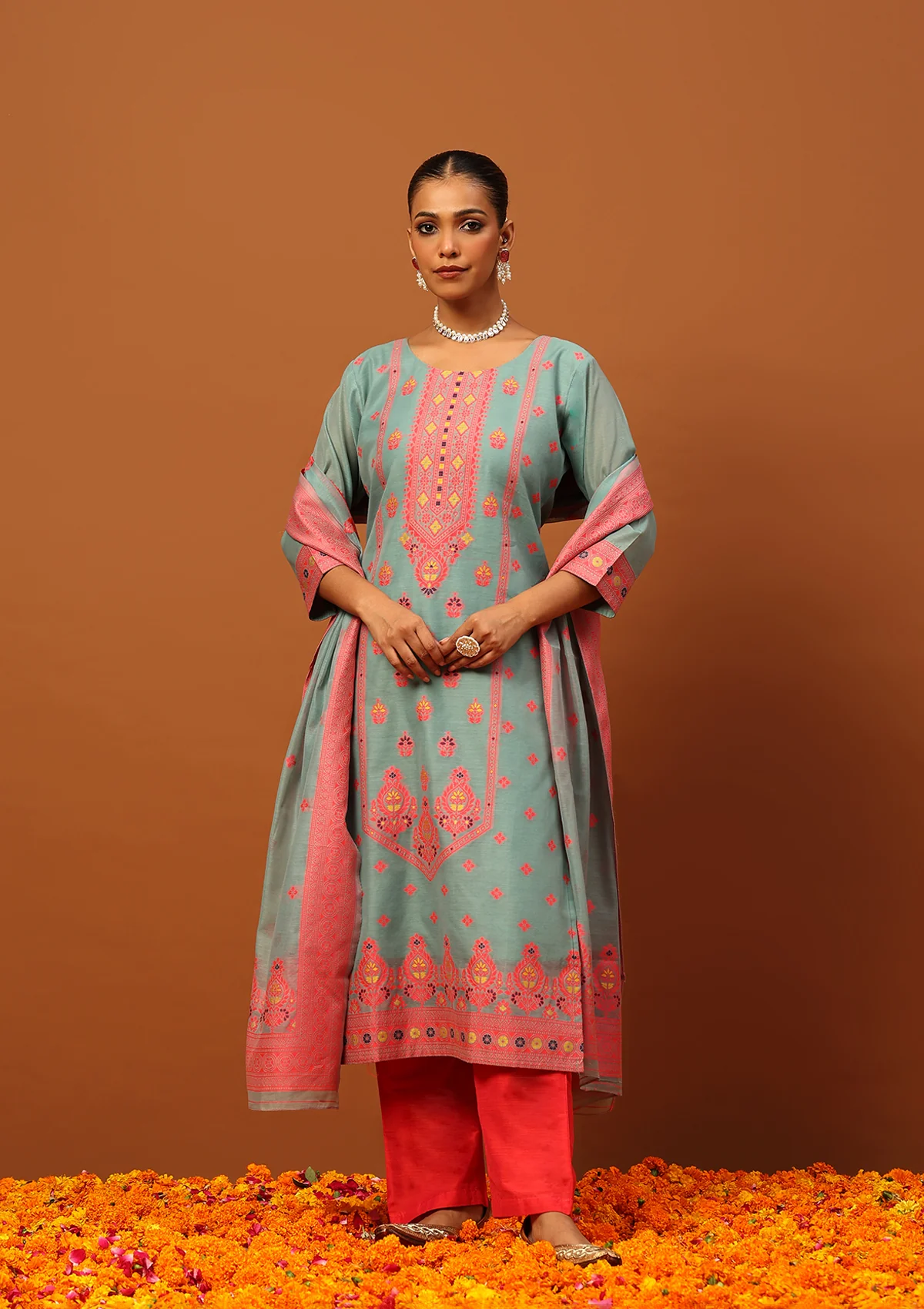 HOC Banarasi Chanderi Hand Weave Women's 3PC Long Kurta Set -Seafoam Green - Healthber