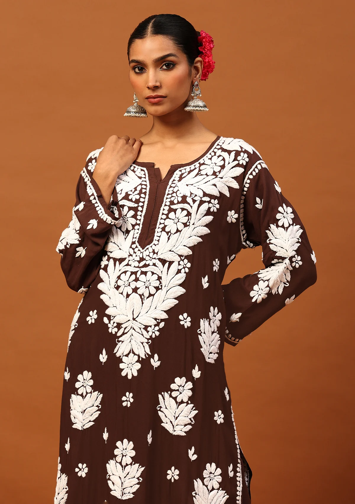 HOC Modal Chikankari Solid Women's 2 PC Long Kurta Set -Brown - Healthber