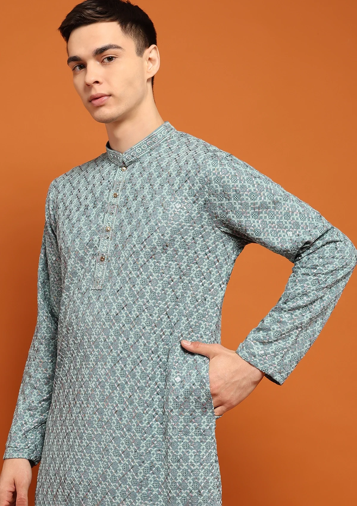HOC Rayon Embroidered With Sequins Solid Men's Long Kurta- Seafoam Green - Healthber