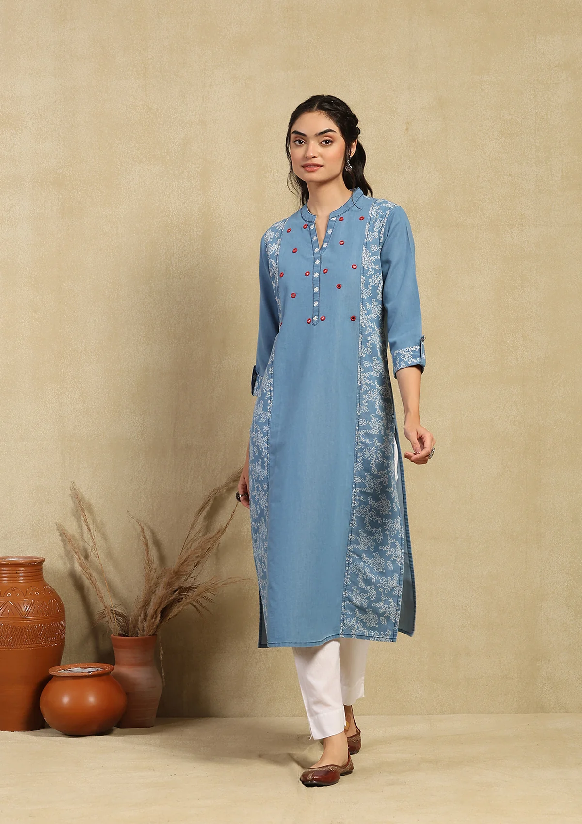 HOC Mirror Work Denim Printed Women's Kurta - Blue - Healthber