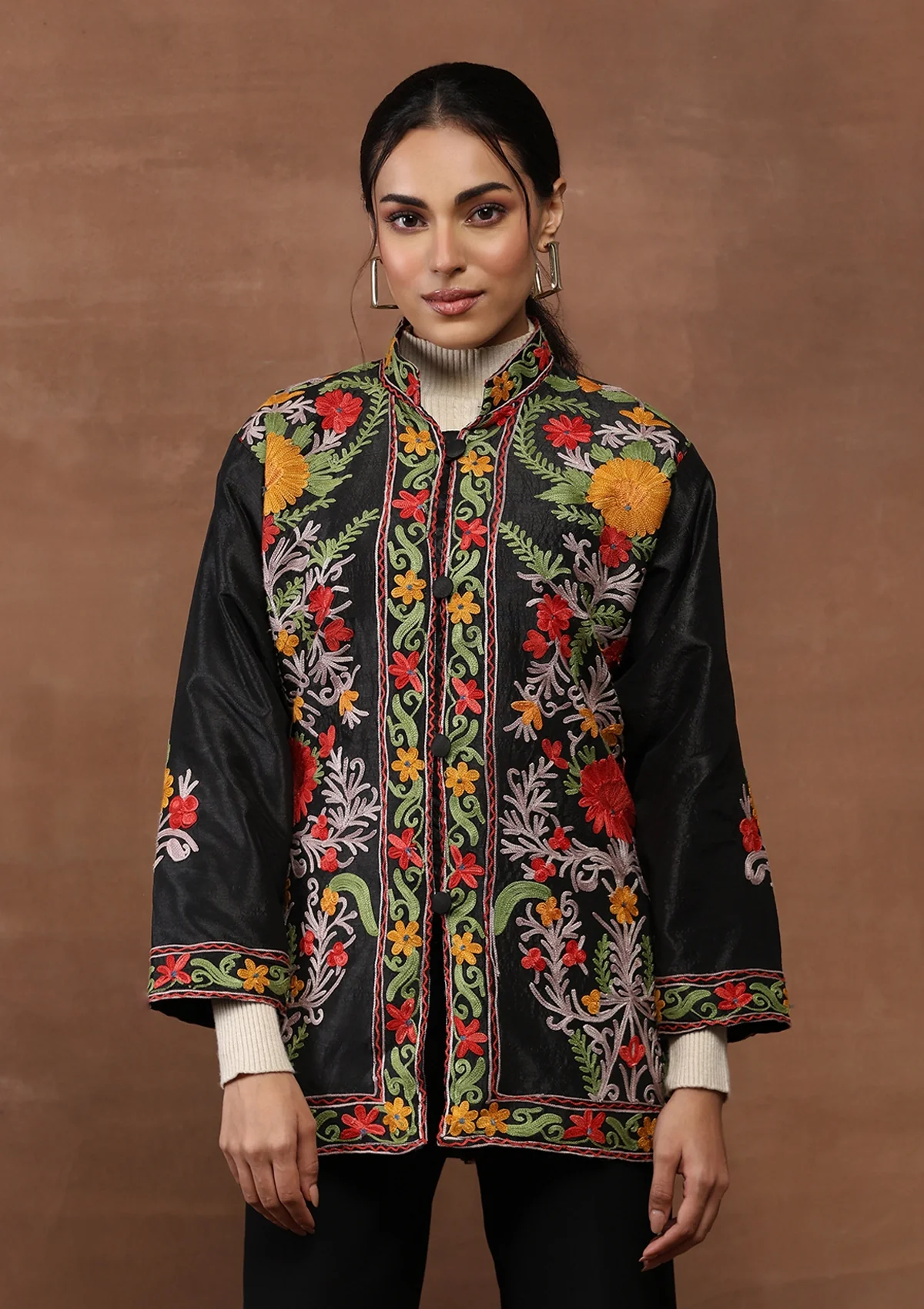 HOC Kashmiri Art Silk Aari Embroidered Solid Women's Jacket-Black - Healthber
