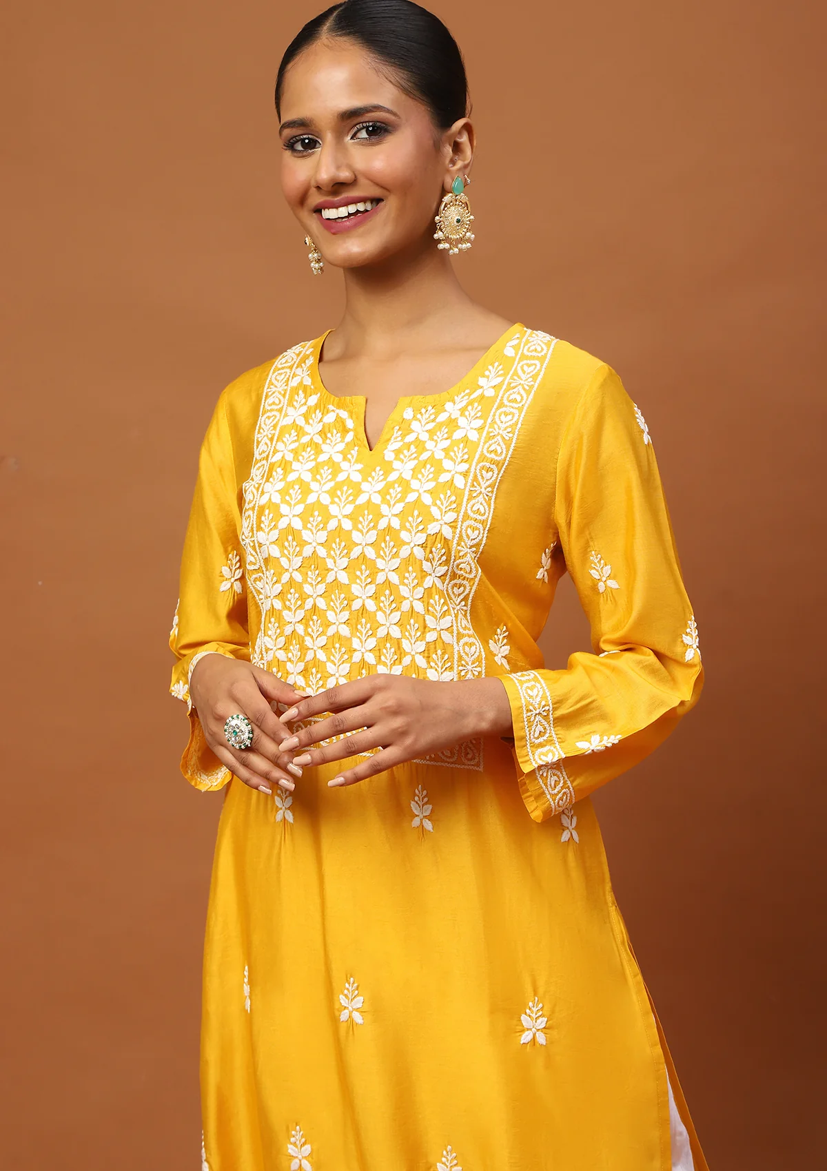 HOC Chanderi Chikankari Solid Women's Long Kurta -Mustard - Healthber