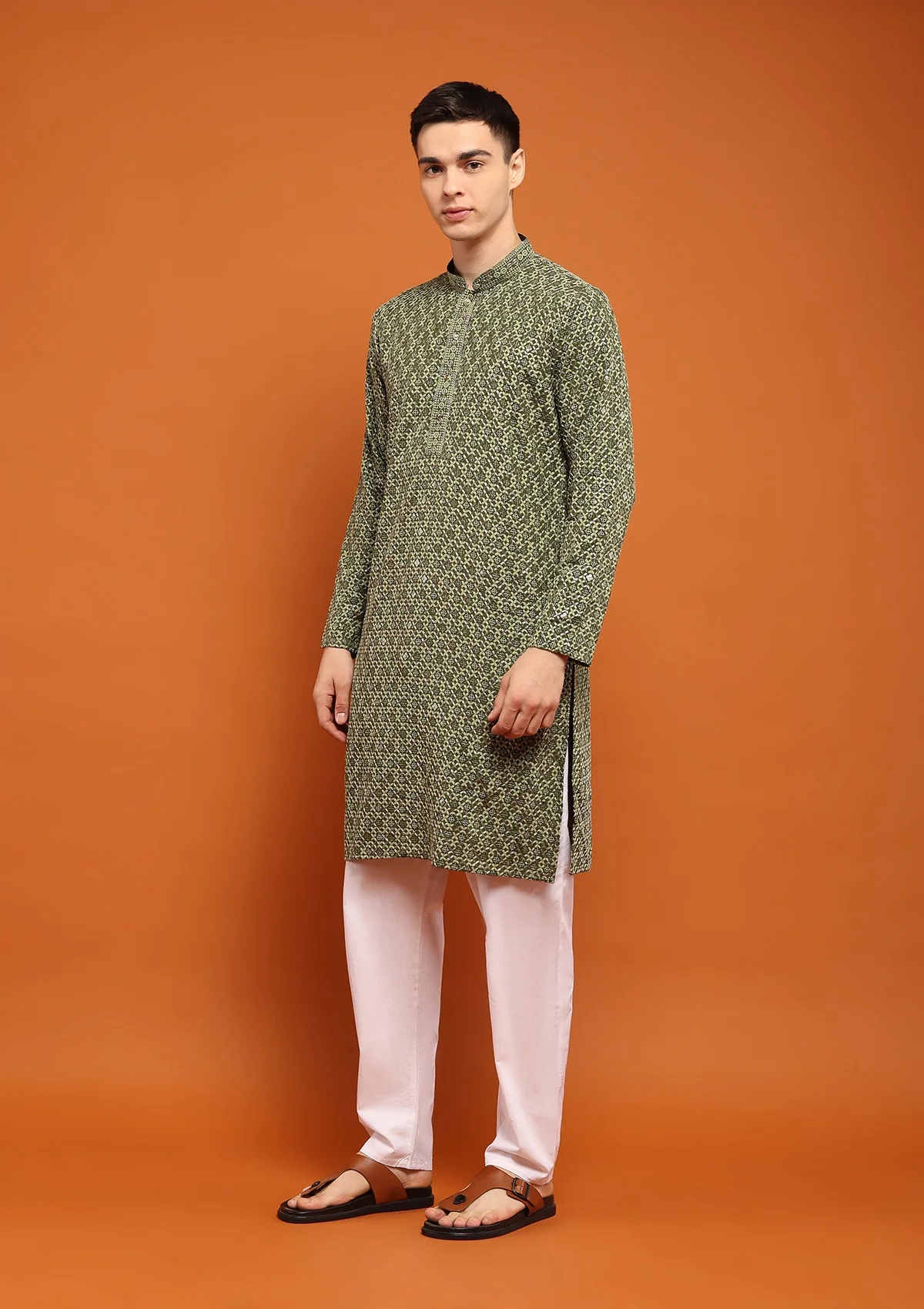 HOC Rayon Embroidered With Sequins Solid Men's Long Kurta- Green - Healthber