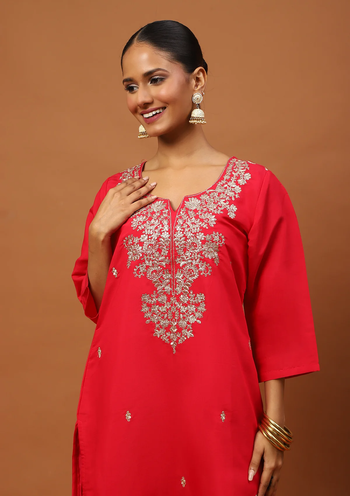 HOC Silk Blend Zari Embroidered With Sequins Solid Women's 3 PC Straight Kurta Set-Rose Pink - Healthber