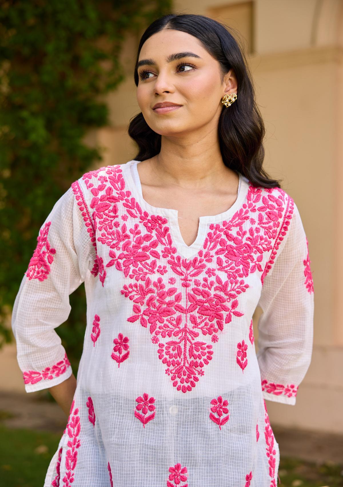 HOC Kota Chikankari Solid Women's Short Kurta with lining - White - Healthber